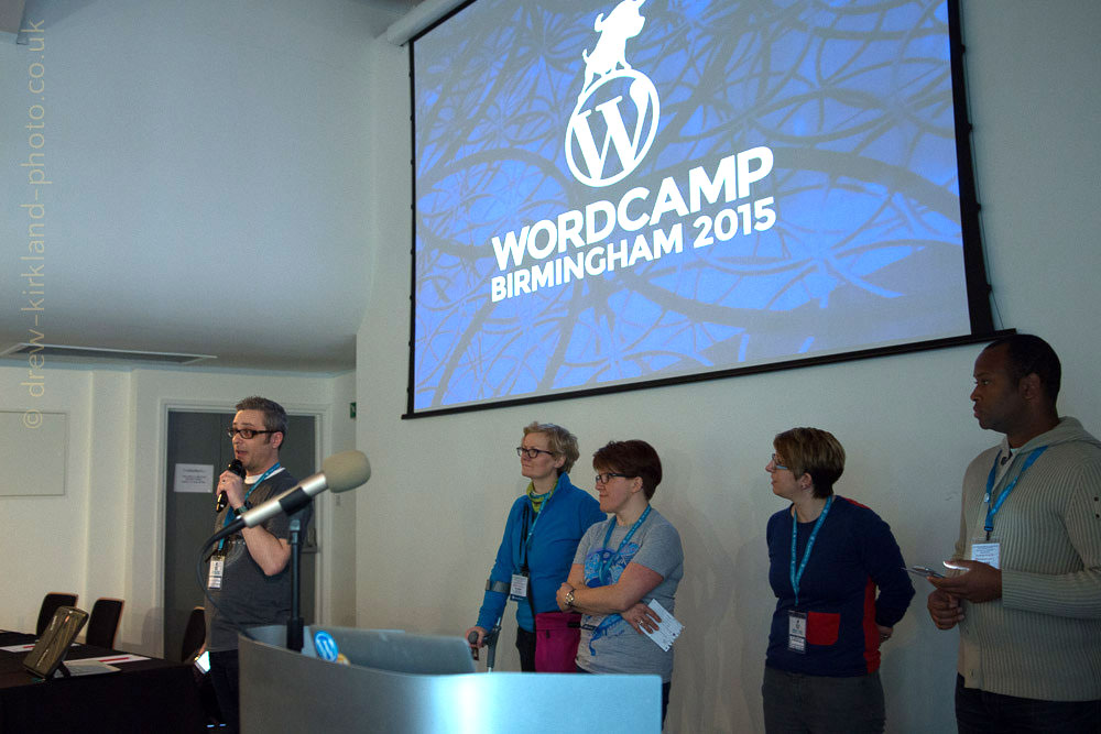 The organising team for WordCamp Birmingham 2015 including me. Photo by Drew Kirkland